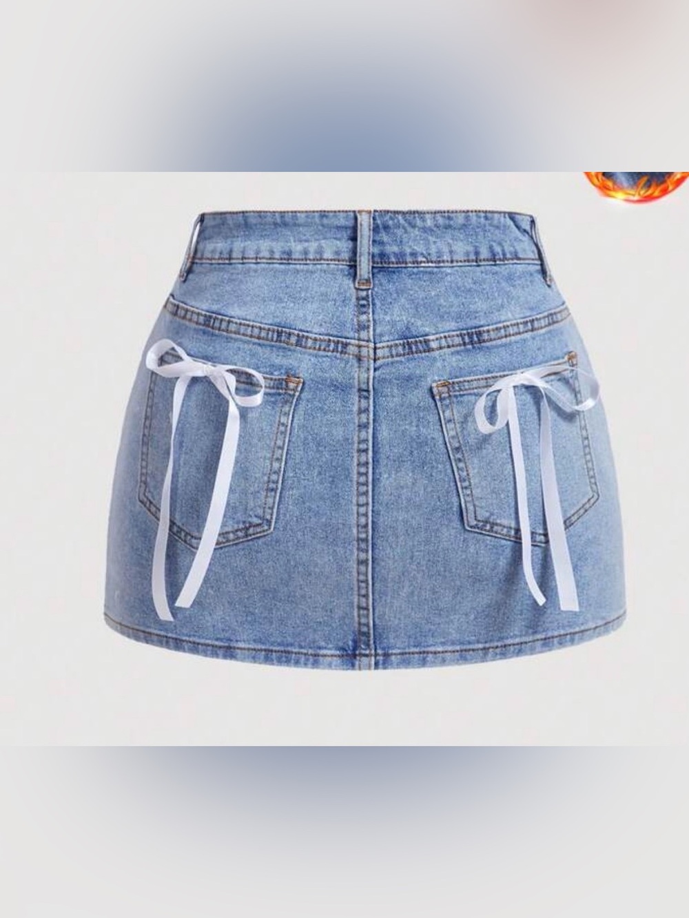 Denim Mini Skirt with Back Pocket Ribbon Detail - Light Blue